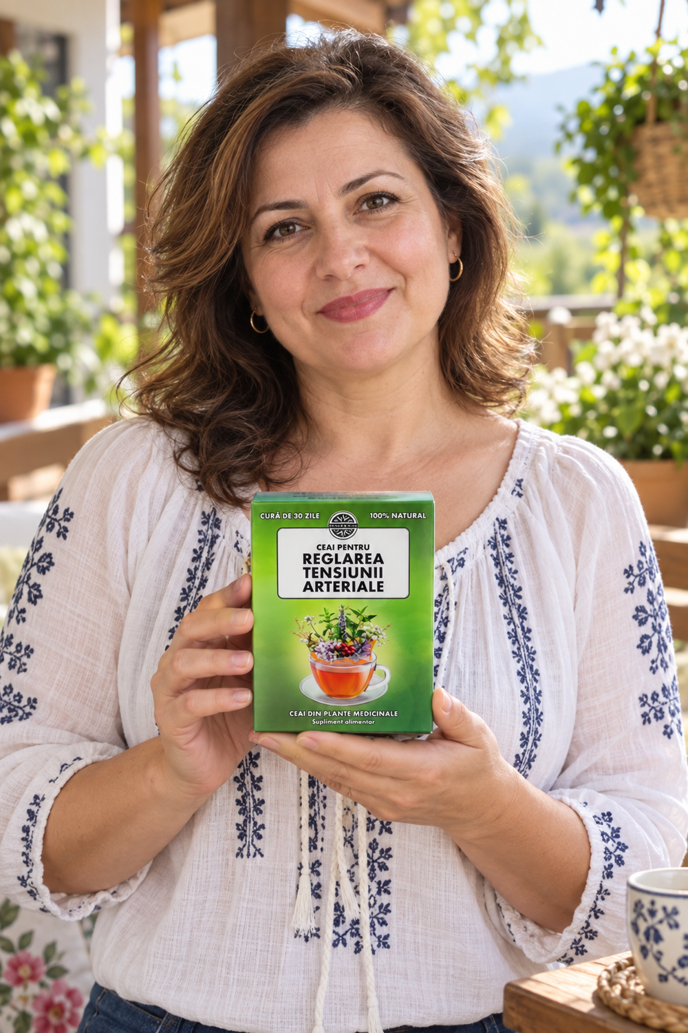 Femeie tinand Ceai pentru reglarea tensiunii 250 gr