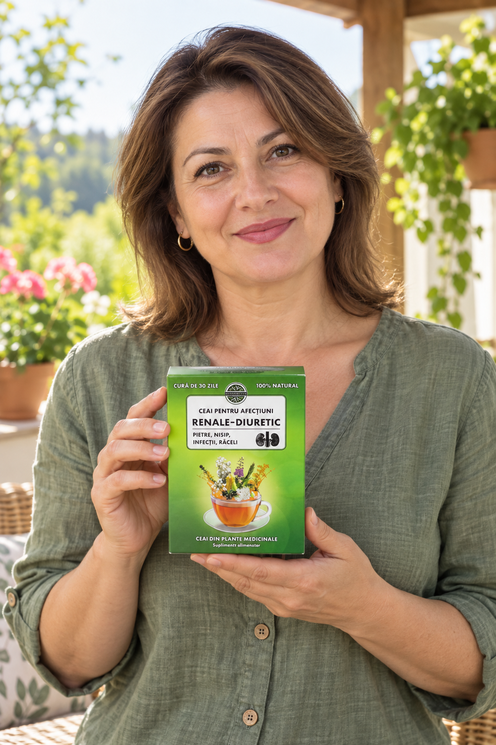 Femeie tinand Ceai pentru afectiuni renale diuretic 250 gr