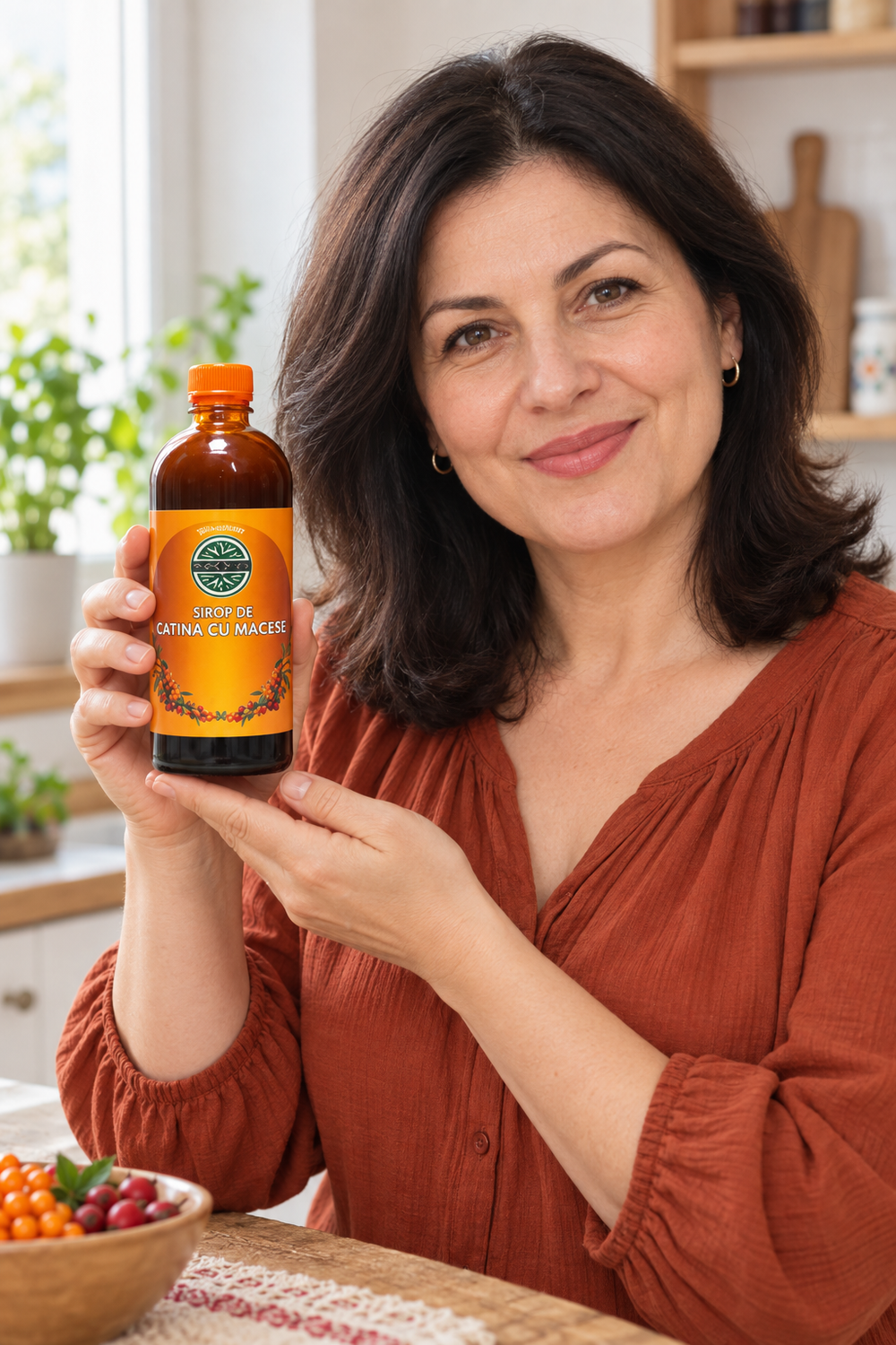 Femeie tinand Sirop de catina cu macese 500 ml