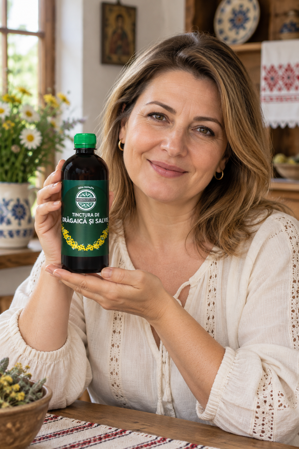 Femeie tinand Tinctura de dragaica si salvie 500 ml